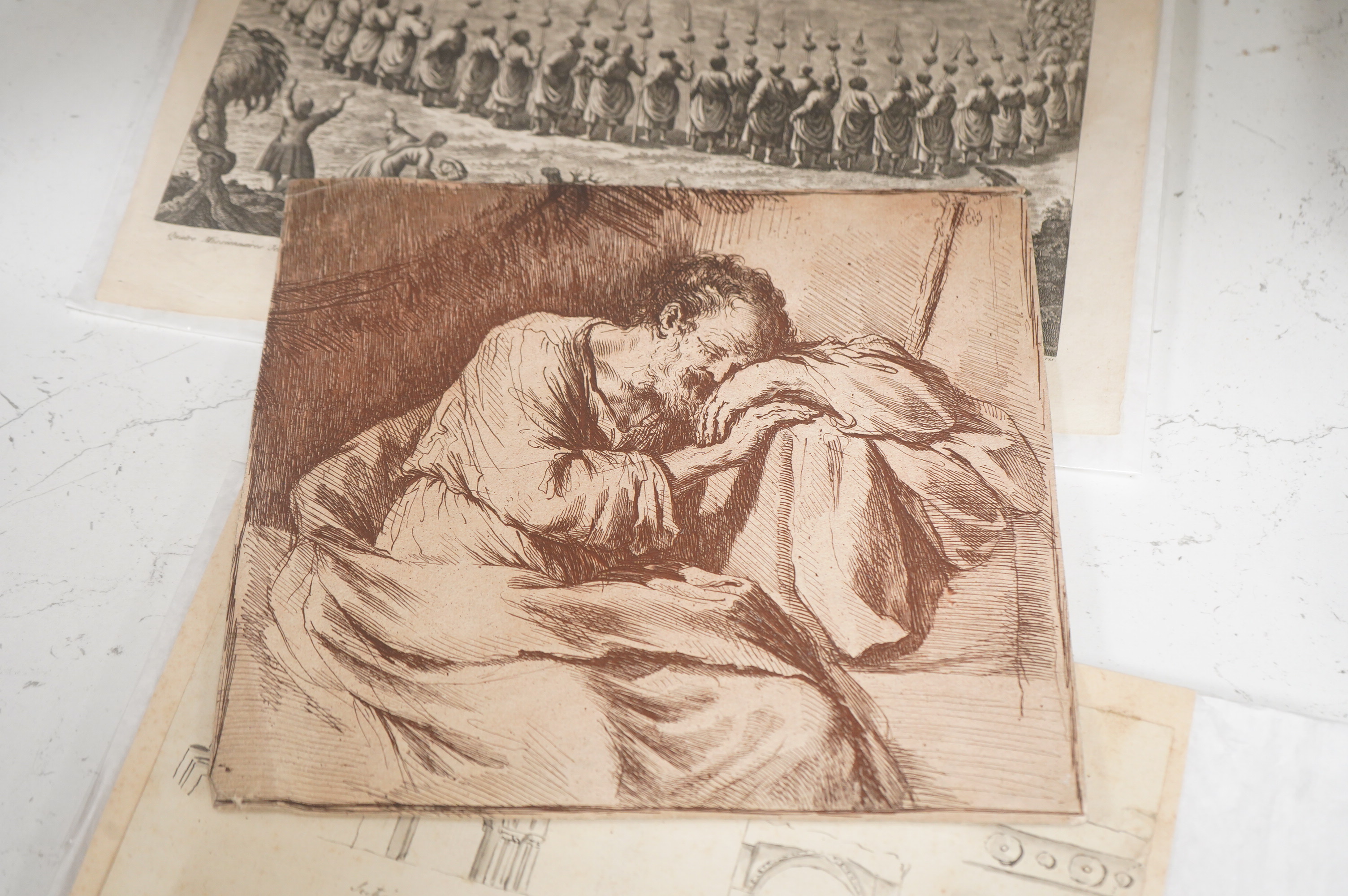 18th century, Italian Old Master, Study of a bearded gentleman, ink sepia study on buff paper, together with four engravings to include Public Execution Scene in Tonkin and an architectural example, unframed